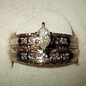 10Kt Yellow Gold Marquise & Round Diamond Wedding Ring Set